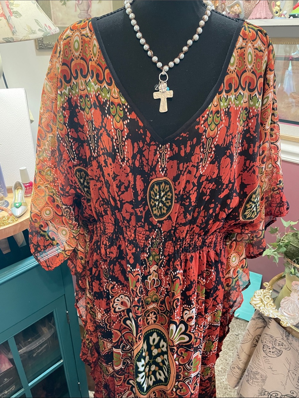 Bohemian V-Neck Floral Maxi Kaftan in Rust Red MPH Collection - Picture 2 of 13